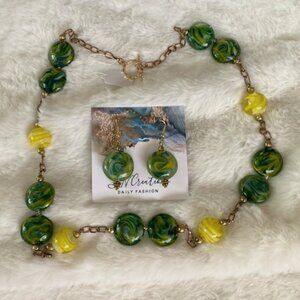 Yellow and Green lamp work beaded necklace and earings